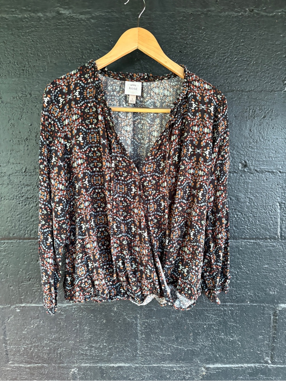 Knox Rose Black Multi-Print Faux-Wrap Blouse
